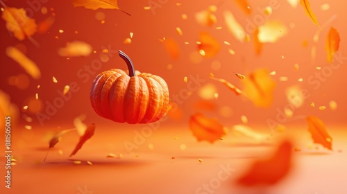 Floating Pumpkin Surrounded by Falling Autumn Leaves on Orange Background photo