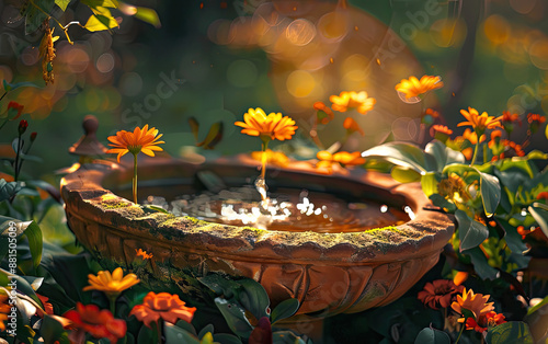 A peaceful autumn garden with colorful flowers and a stone fountain, dappled in sunlight.