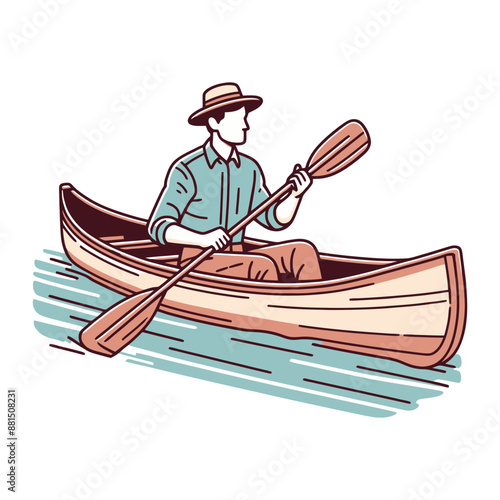 Man rowing Canoe on the lake illustration