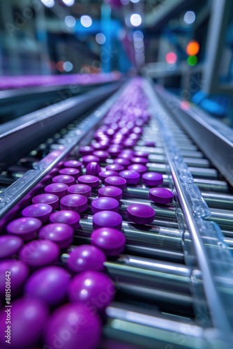 Automated Production Line with Purple Pills on Conveyor Belt in Pharmaceutical Manufacturing Facility