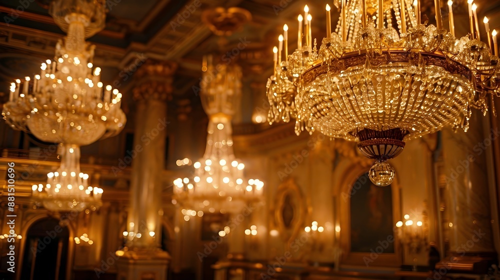 Obraz premium A large room with many chandeliers hanging from the ceiling. The room is filled with light and the chandeliers are shining brightly. The room has a grand and elegant atmosphere