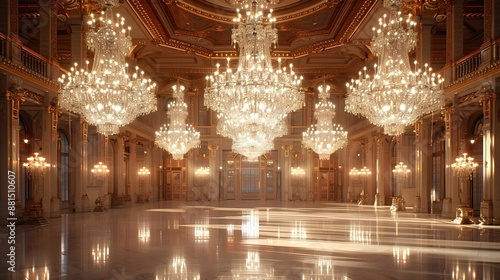 A large room with many chandeliers hanging from the ceiling. The room is filled with light and the chandeliers are shining brightly. The room has a grand and elegant atmosphere