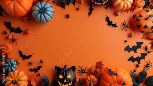 Halloween concept picture composed of spiders, pumpkins, and bats, Halloween photo frame, festival, celebration, invitation card, banner, advertising background