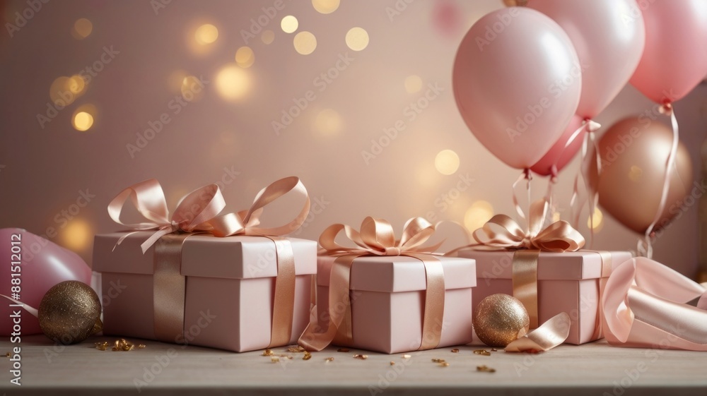Pink and gold festive gift boxes and balloons Suitable for celebrations Pink and gold festive gift boxes and balloons Suitable for celebrations
