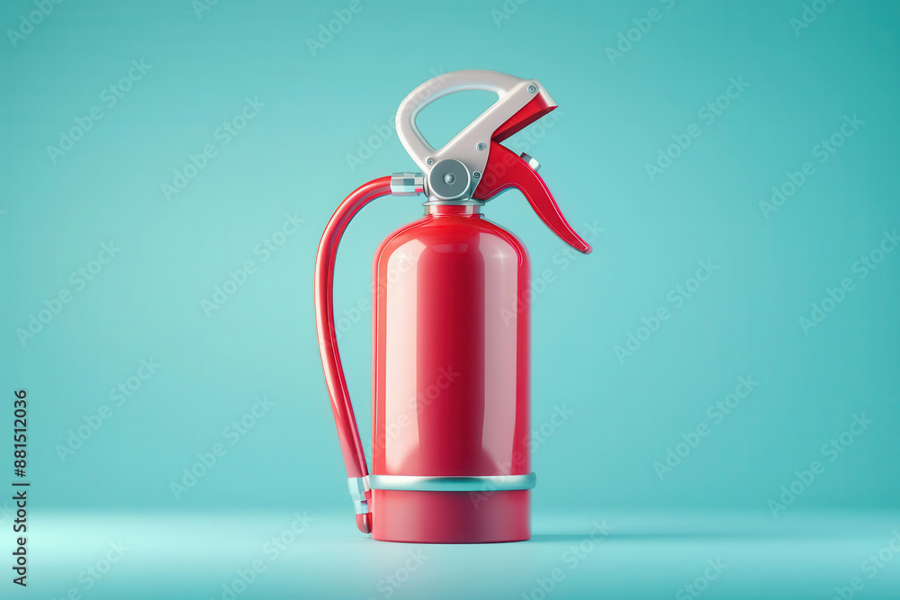 Obraz premium Minimalistic red fire extinguisher on a light blue background, digital illustration, emphasizing the importance of fire safety.