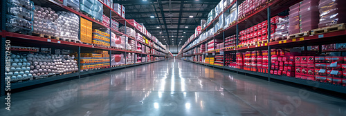 A commercial building with shelves full of boxes in a city warehouse, Industrial warehouse with stacked racks Concept Warehouse Organization Industrial Storage Inventory Management