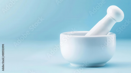White mortar and pestle on a light blue background, ideal for medical or culinary purposes, capturing the essence of traditional methods.