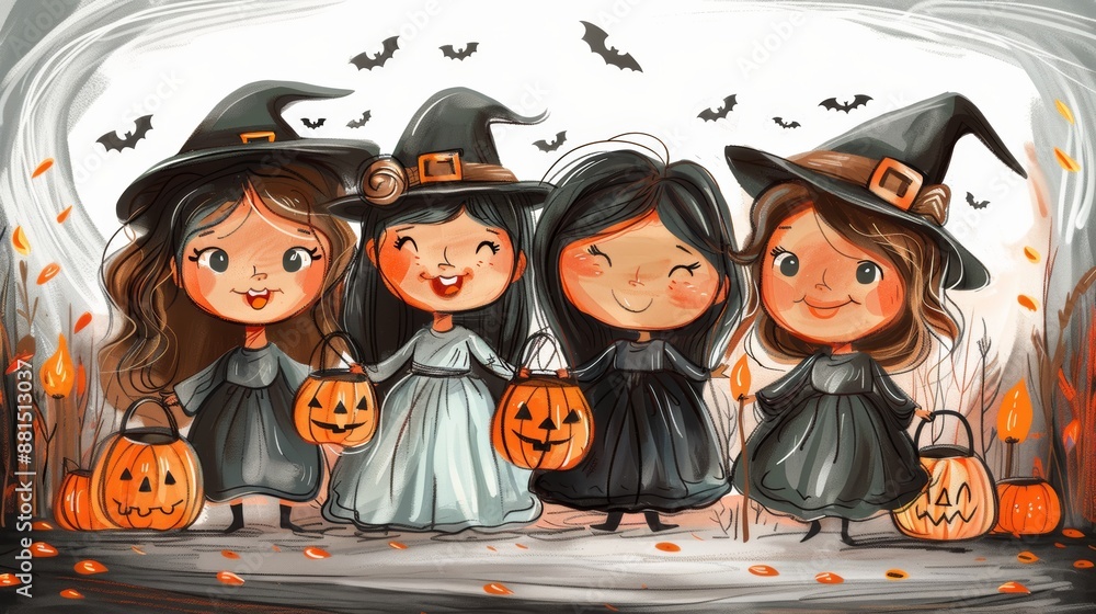 Cute Witches Trick-or-Treating on Halloween Cute Witches Trick-or-Treating on Halloween