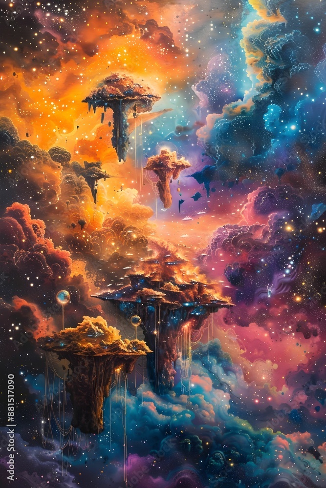 Obraz premium A colorful, fantastical scene of a castle on a mountain top. The castle is surrounded by clouds and stars, giving the impression of a magical, otherworldly place