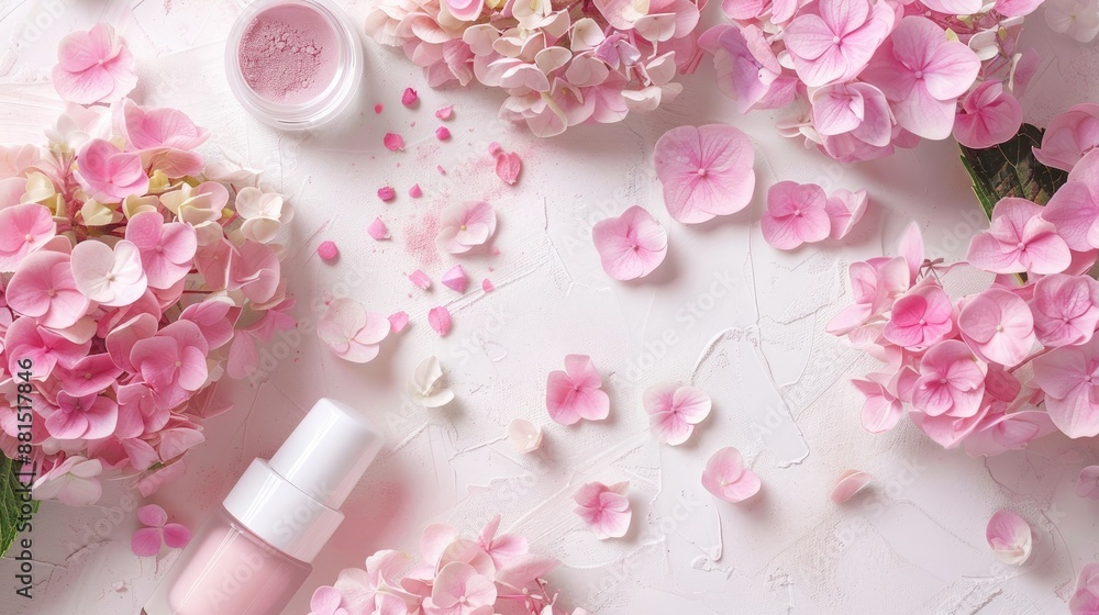 Beauty blogger flat lay with cosmetics and pink hydrangea on light background Beauty blogger flat lay with cosmetics and pink hydrangea on light background