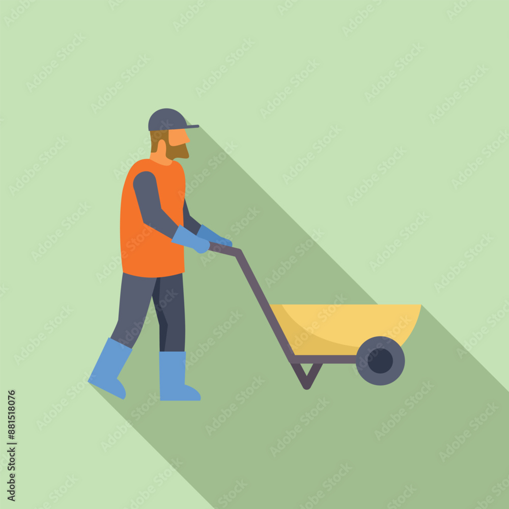 Construction worker wearing gloves and boots is pushing an empty wheelbarrow Construction worker wearing gloves and boots is pushing an empty wheelbarrow
