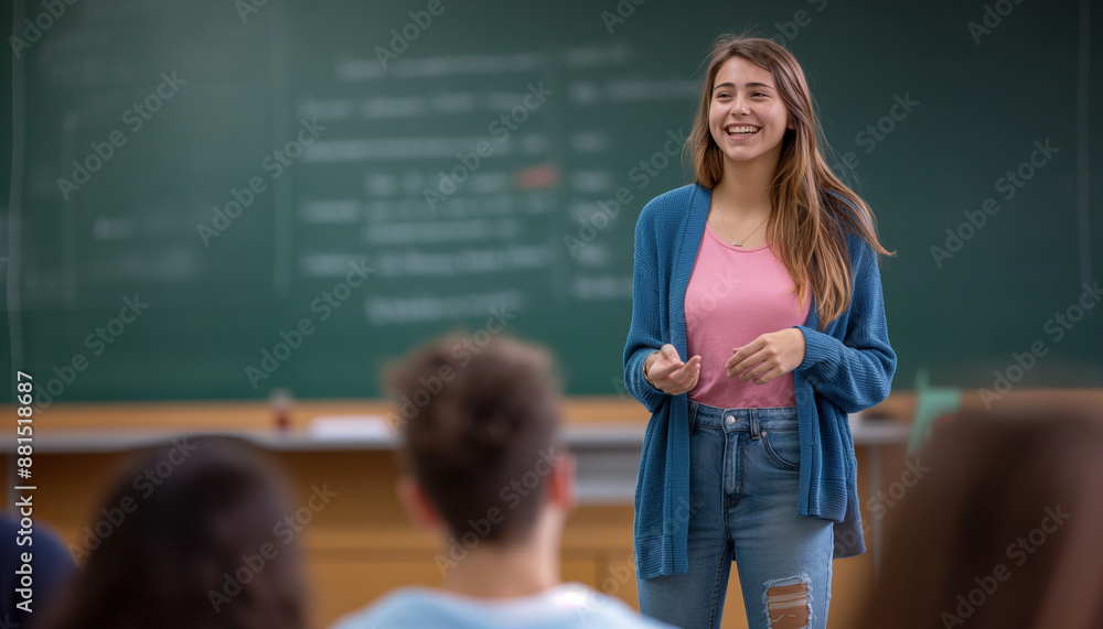 happy teacher standing in front of black board happy teacher standing in front of black board