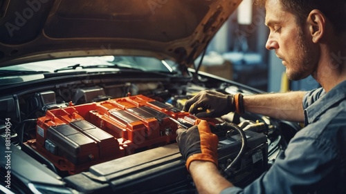 A mechanic working on the battery of an electric car in a garage, highlighting the skills and precision involved in modern automotive repair.
