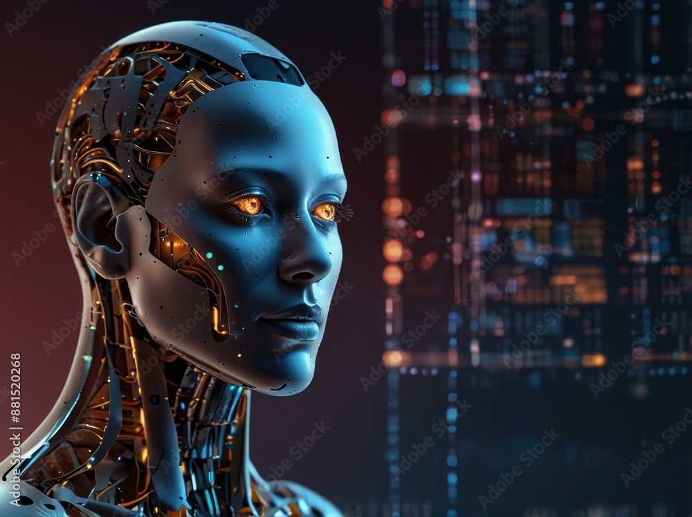 Artificial intelligence concept, Lady face with futuristic UI on dark background Artificial intelligence concept, Lady face with futuristic UI on dark background