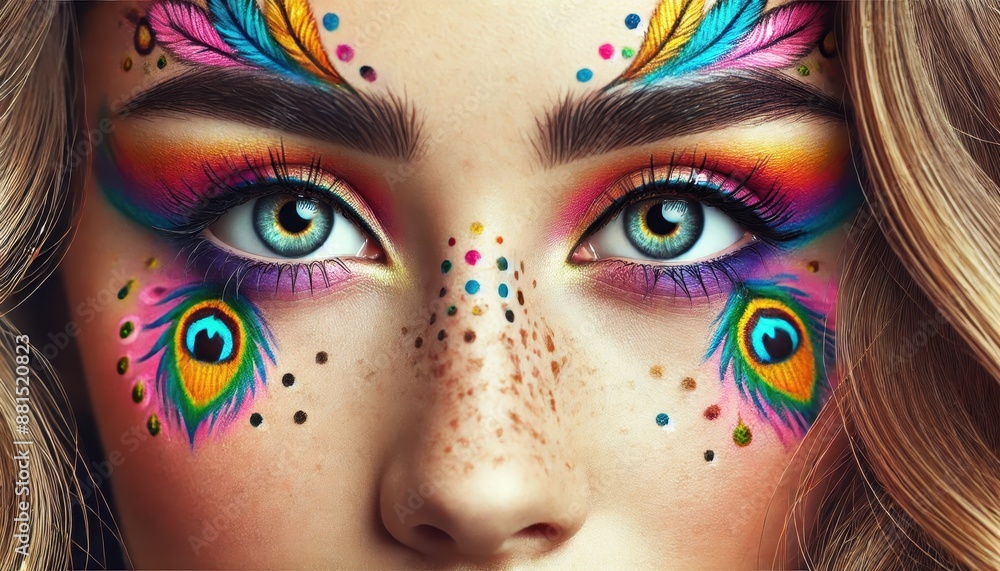 Close-Up of Woman's Eyes with Colorful Peacock Feather Makeup. Close-Up of Woman's Eyes with Colorful Peacock Feather Makeup.