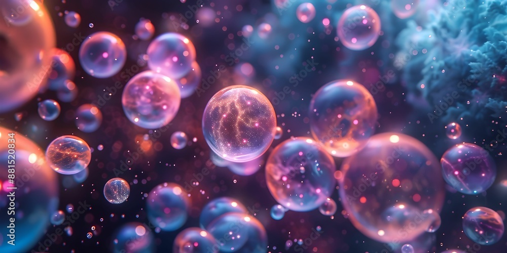 A colorful galaxy of bubbles with a blue background. The bubbles are of different sizes and colors, and they seem to be floating in space. Scene is whimsical and playful A colorful galaxy of bubbles with a blue background. The bubbles are of different sizes and colors, and they seem to be floating in space. Scene is whimsical and playful