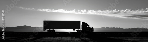 Silhouette of a large truck driving on a highway against the setting sun, with mountains in the background.