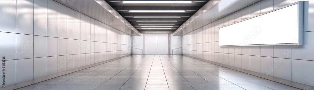 Fototapeta premium Futuristic white tiled empty corridor or hallway with glossy surfaces and modern lighting, ideal for technology and sci-fi concepts.