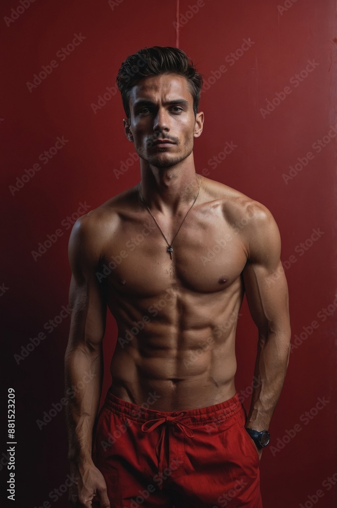 Fototapeta premium Muscular shirtless man wearing red shorts, posing against a dark red background, showcasing a strong and well-defined physique. 