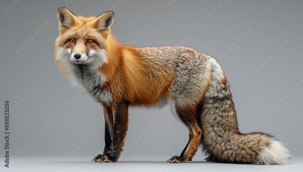 Obraz premium Red Fox Standing Against a Grey Background