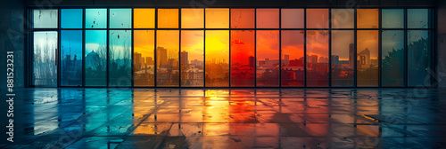 A painting of a skyline with a reflection of the city,
Office display windows HD 8K wallpaper Stock  photo