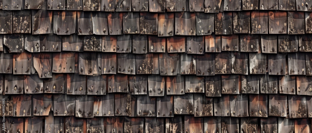 Panoramic close-up, high detail scan of wooden roof tile texture, Generative AI Panoramic close-up, high detail scan of wooden roof tile texture, Generative AI