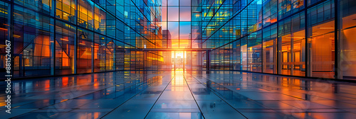 Modern Corporate Buildings Corridor at Sunset, Towering Skyscraper With Numerous Windows