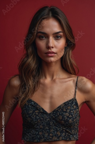Portrait of a confident young woman with wavy hair wearing a floral crop top against a red background, exuding elegance and poise.

