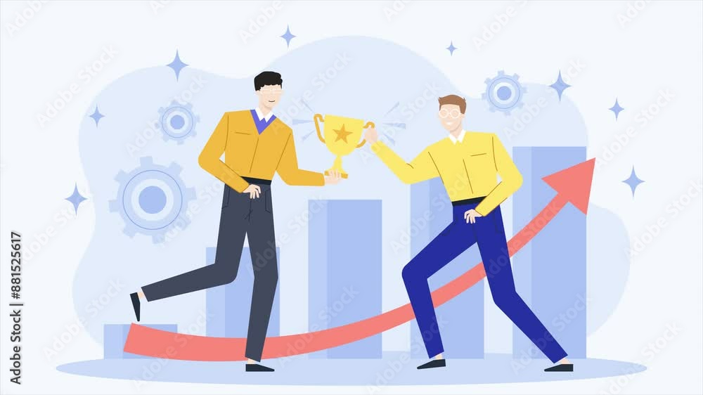 business teamwork bring trophy with up graphic at the background animated illustration video business teamwork bring trophy with up graphic at the background animated illustration video