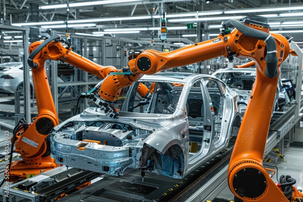 Orange robotic arms installing parts on EV cars in modern factory Orange robotic arms installing parts on EV cars in modern factory