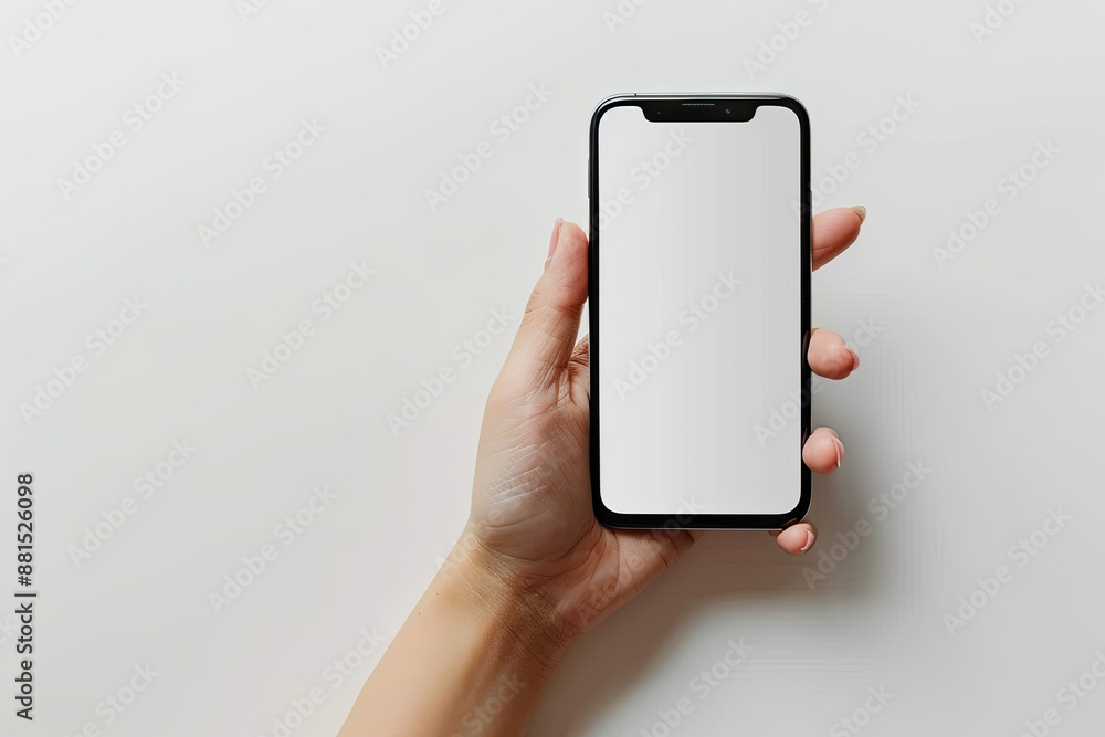 Smartphone mockup on hand with white blank screen created with Generative AI Smartphone mockup on hand with white blank screen created with Generative AI