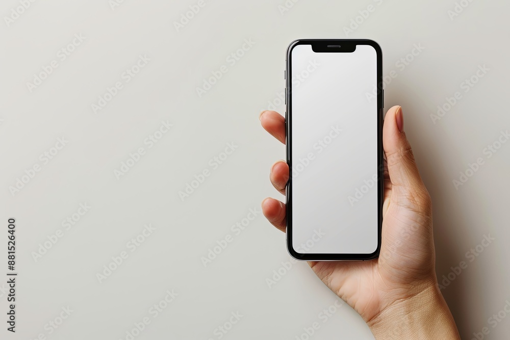 Smartphone mockup on hand with white blank screen created with Generative AI Smartphone mockup on hand with white blank screen created with Generative AI