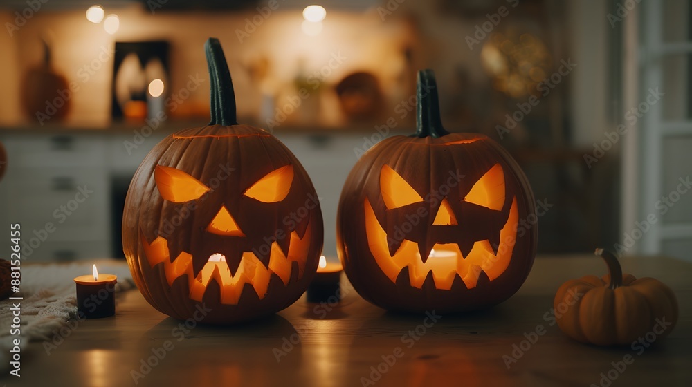 Two pumpkins with scary faces lit up on a table Two pumpkins with scary faces lit up on a table