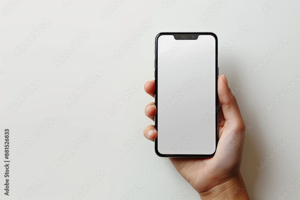 Smartphone mockup on hand with white blank screen created with Generative AI Smartphone mockup on hand with white blank screen created with Generative AI