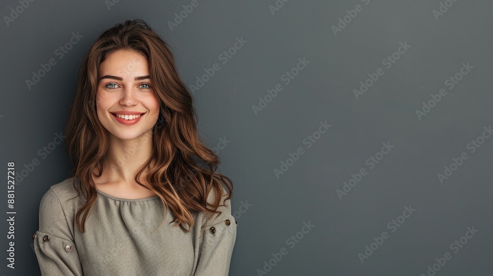 Fototapeta premium Half-body photo of a beautiful woman in a stylish outfit, smiling with a solid grey background and plenty of copy space above