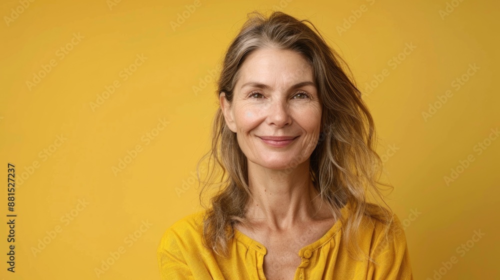 Half-body photo of a middle-aged woman, smiling and looking directly at the camera, with a solid yellow background and copy space on the left side Half-body photo of a middle-aged woman, smiling and looking directly at the camera, with a solid yellow background and copy space on the left side