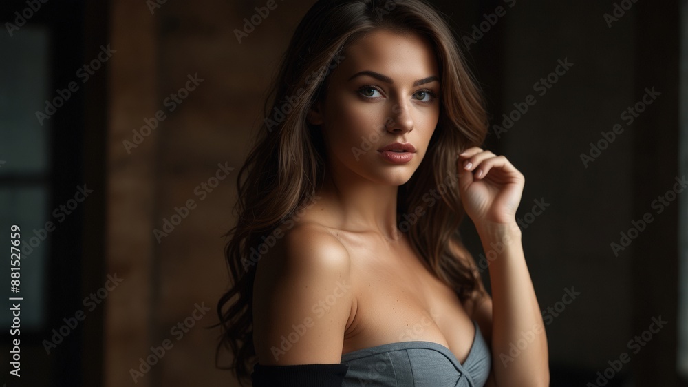 Portrait of an elegant young woman in a gray off-shoulder dress, posing gracefully indoors with a soft, thoughtful expression.
Portrait of an elegant young woman in a gray off-shoulder dress, posing gracefully indoors with a soft, thoughtful expression.