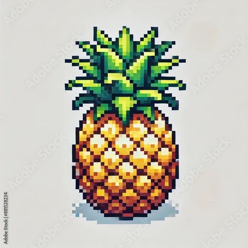 Pixel art of a whole pineapple with a spiky green top and yellow-brown body on a white background