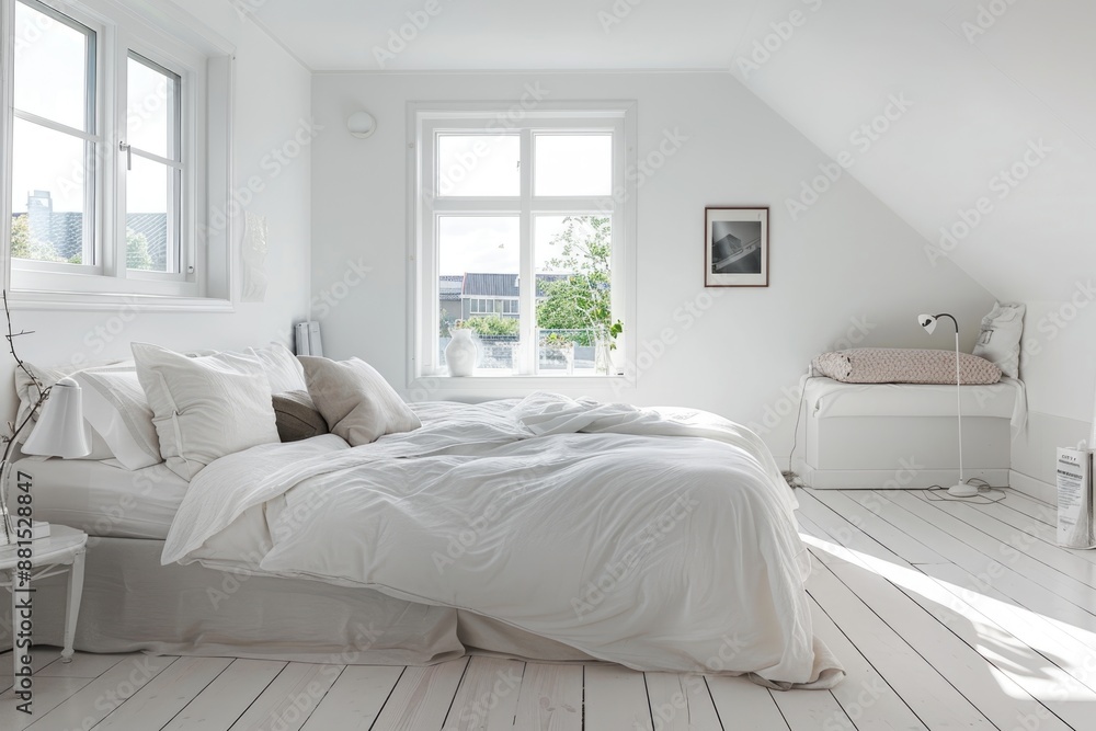 Minimalist white bedroom with a cozy bed and natural light Minimalist white bedroom with a cozy bed and natural light