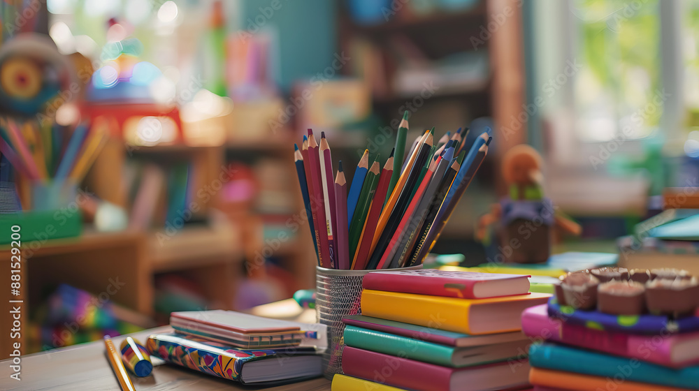 Books, colored pencils in classroom. Books, colored pencils in classroom.
