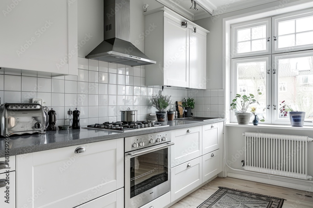 Minimal white kitchen with cozy features and stylish appliances Minimal white kitchen with cozy features and stylish appliances