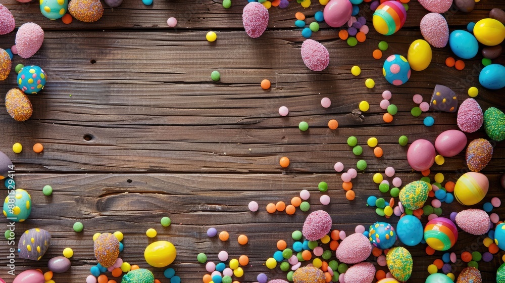 Obraz premium Multicolored Easter sweets on a wooden backdrop