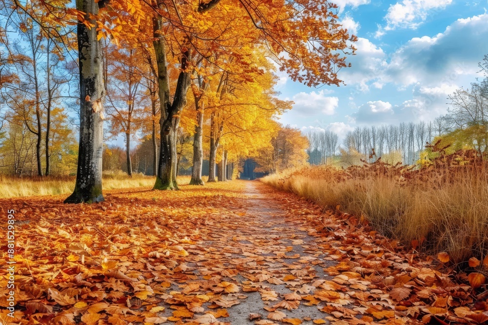 Naklejka premium Autumnal Pathway Through Golden Trees on a Sunny Day