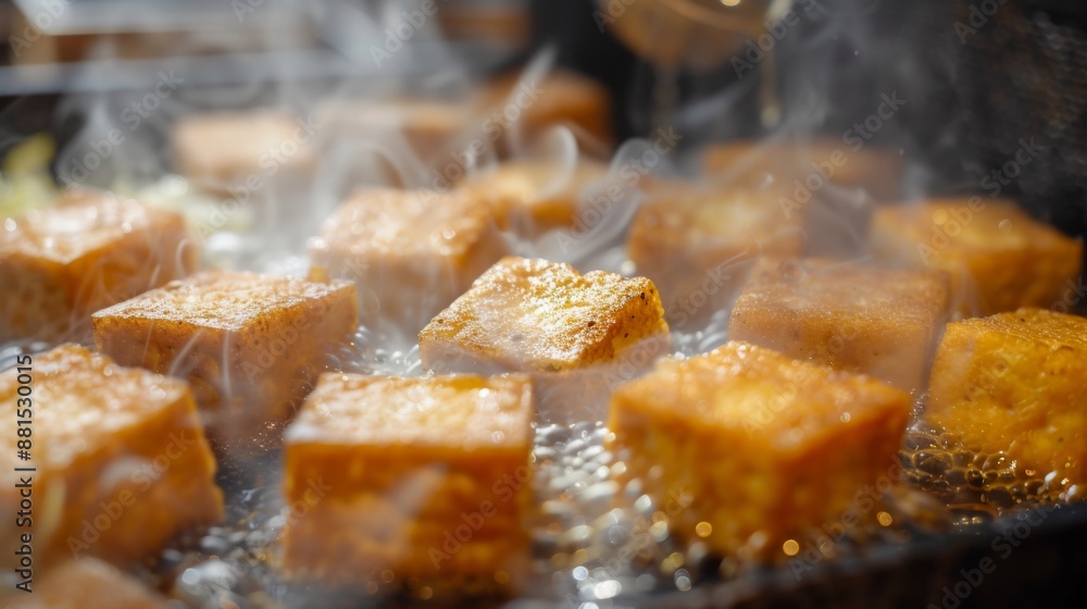 closeup of crispy golden tofu cubes steam rising closeup of crispy golden tofu cubes steam rising