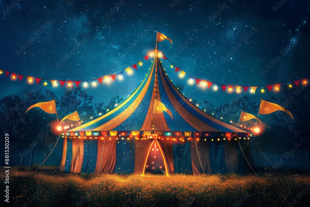 Colorful Circus Tent Illuminated at Night in a Forest Setting Colorful Circus Tent Illuminated at Night in a Forest Setting