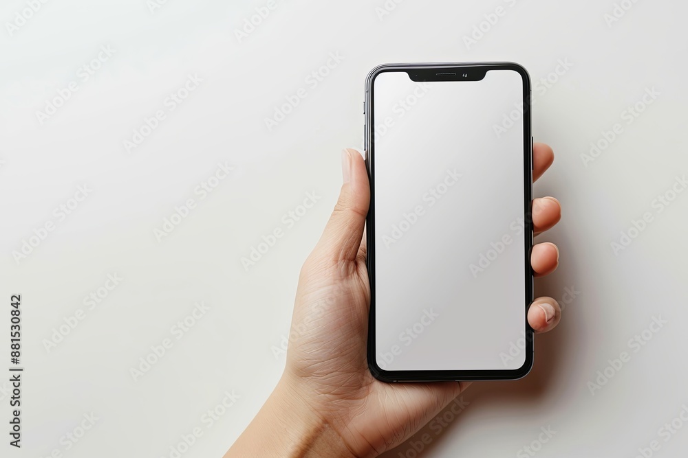 Smartphone mockup on hand with white blank screen created with Generative AI Smartphone mockup on hand with white blank screen created with Generative AI