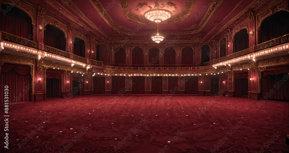 Obraz premium interior of auditorium ballroom in mansion palace hotel castle building. red and gold gothic decor and embellishments lavish decor. chandelier and candle lighting.