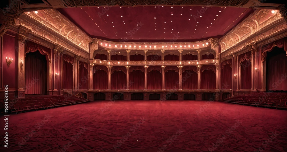 Obraz premium interior of auditorium ballroom in mansion palace hotel castle building. red and gold gothic decor and embellishments lavish decor. chandelier and candle lighting.
