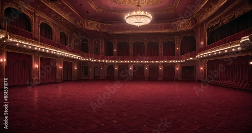 interior of auditorium ballroom in mansion palace hotel castle building. red and gold gothic decor and embellishments lavish decor. chandelier and candle lighting.