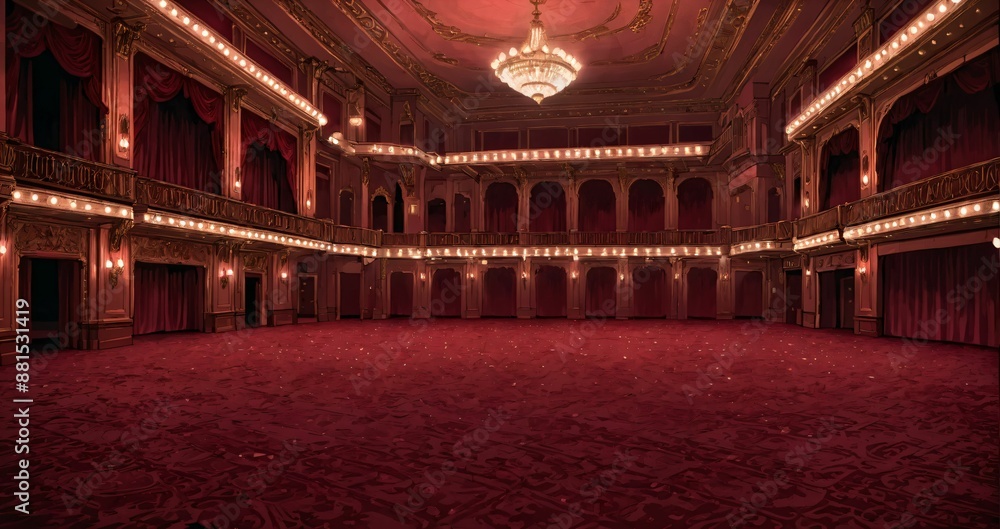 Obraz premium interior of auditorium ballroom in mansion palace hotel castle building. red and gold gothic decor and embellishments lavish decor. chandelier and candle lighting.